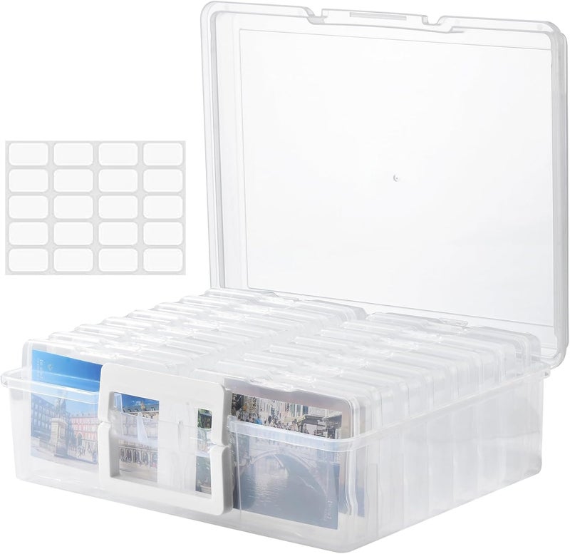 A-Link Photo Storage Box with Handle, 4" x 6" Photo Case Craft Keeper Organizer Container with 16 Inner Case and Label for Pictures, Arts, Crafts, Sewing, Stickers, Office Supplies - Clear - Image 1
